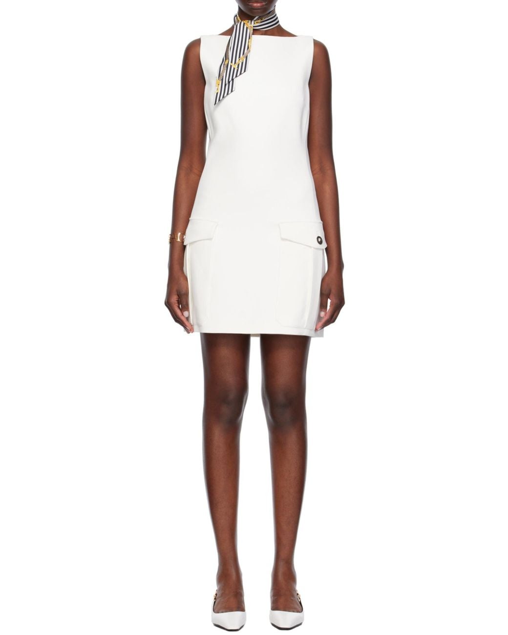 Versace White Medusa Head-Button Sleeveless Mini Dress