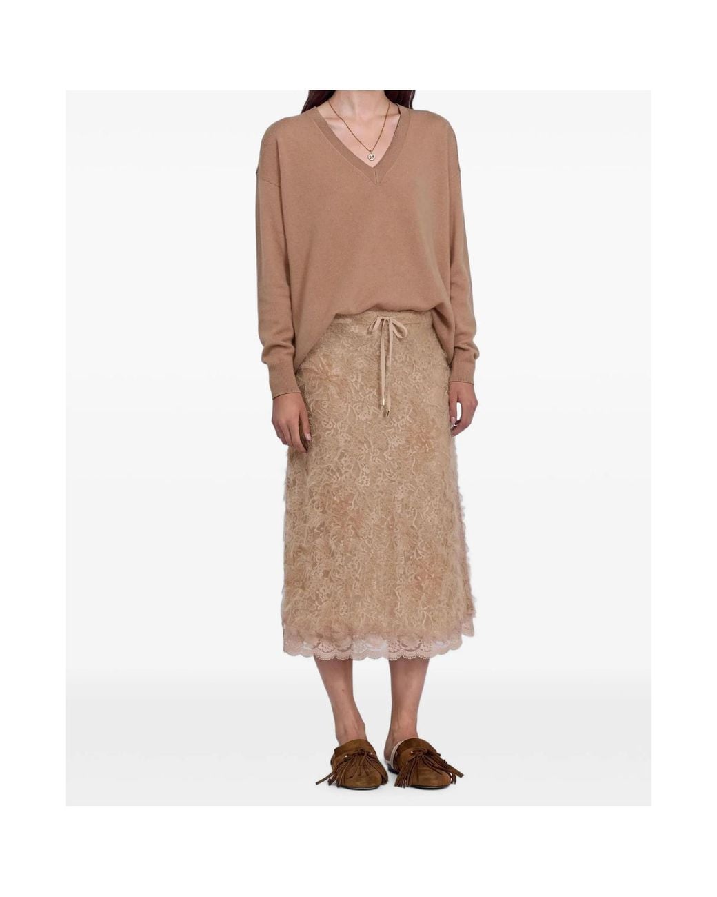 ERMANNO FIRENZE Brown Lace Trim Tie-Front Sweater
