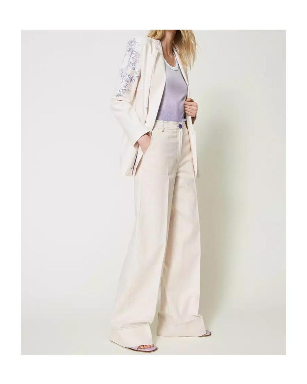 Twinset White Floral-Embroidered Palazzo Pants