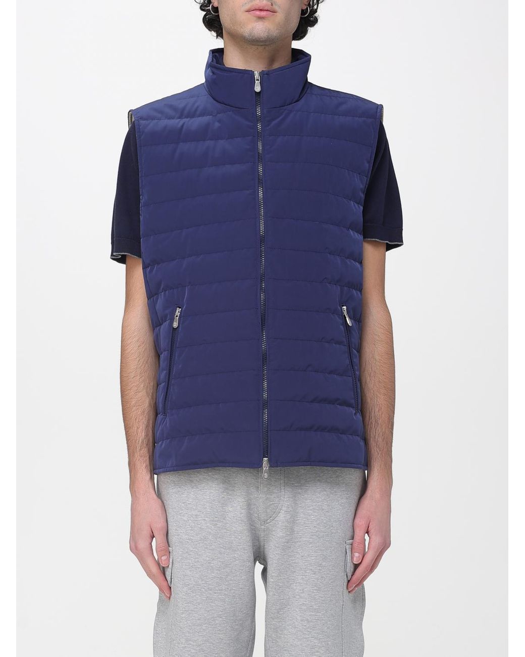Brunello Cucinelli Blue Bonded Zip-Up Padded Vest for men