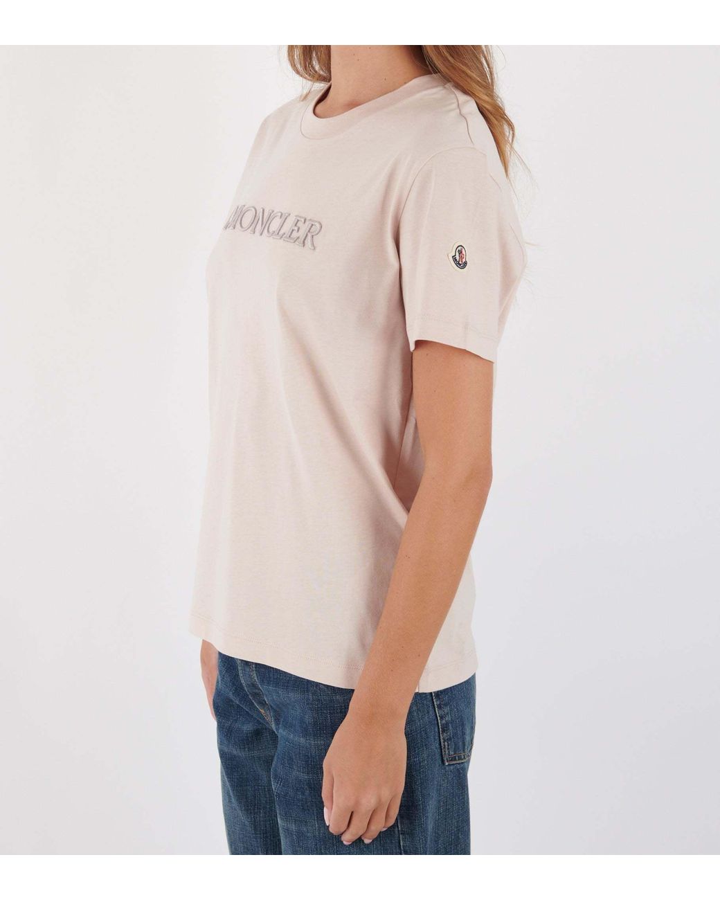 Moncler Pink Embroidered Tonal Logo Crewneck T-Shirt