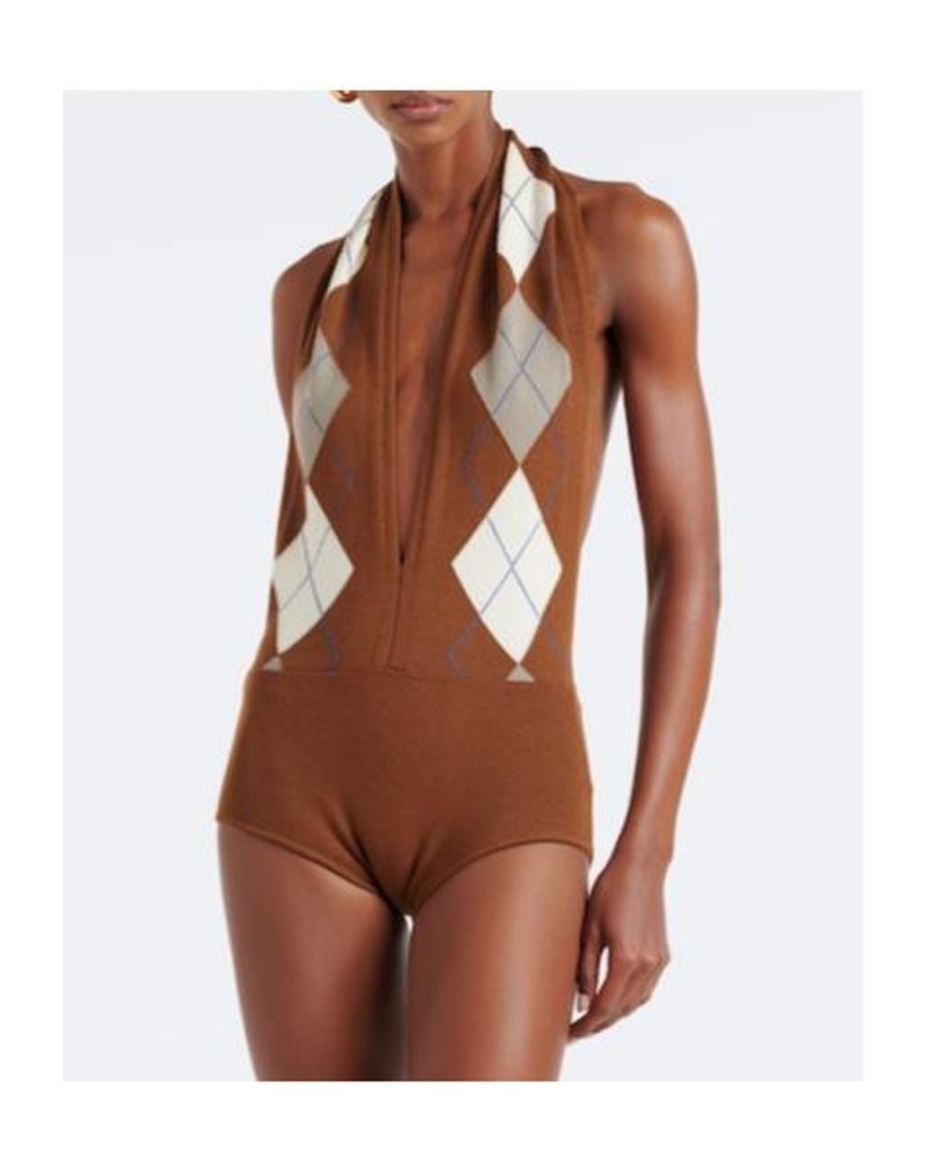 Mugler Brown Argyle Virgin Wool Bodysuit
