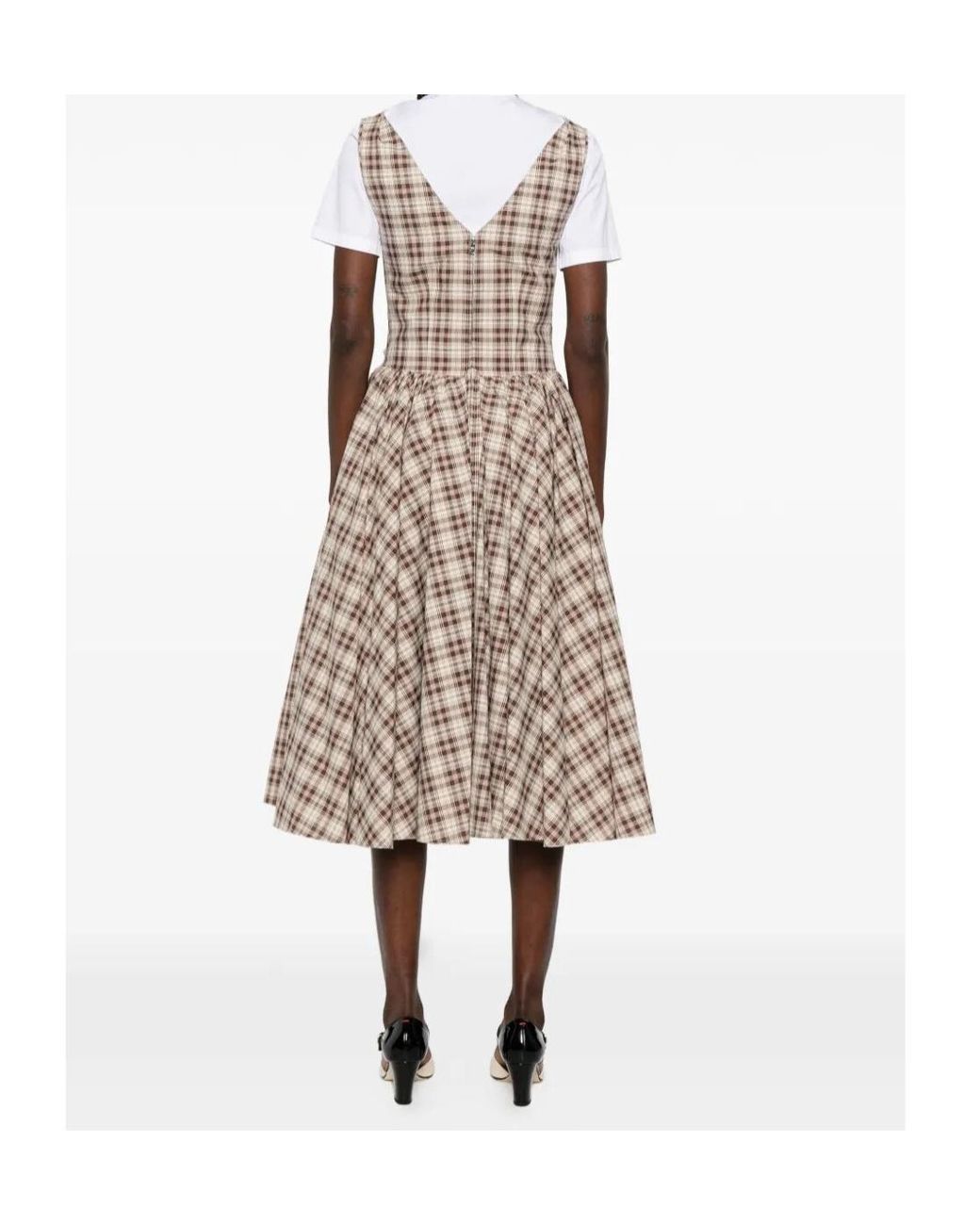 Prada Gray Embroidered Checked Poplin Dress