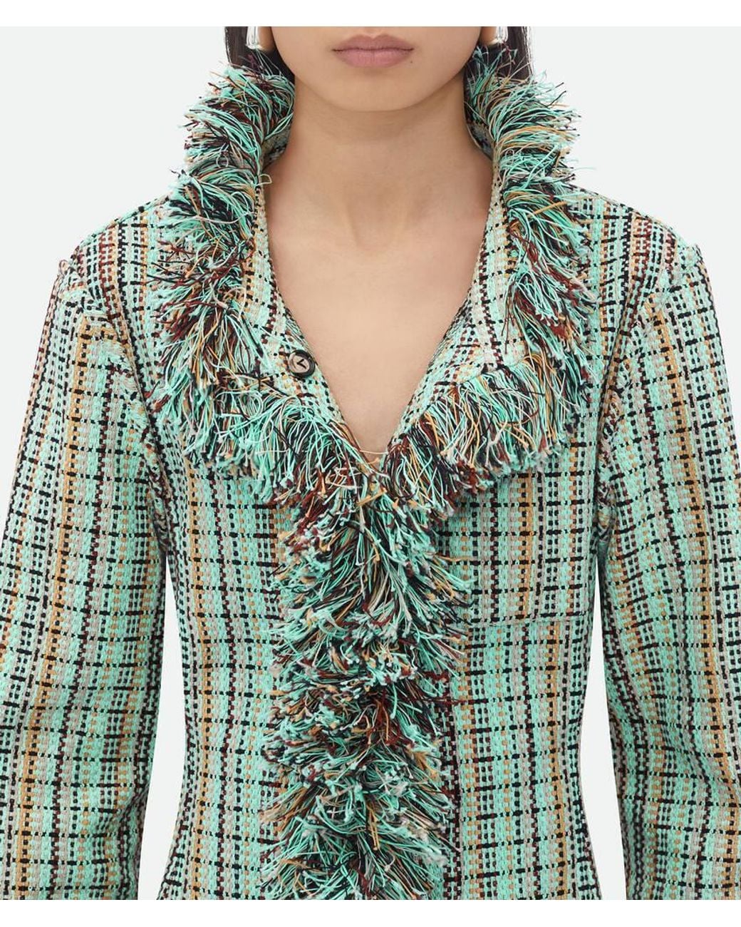 Bottega Veneta Green Cotton Check Jacket With Fringes