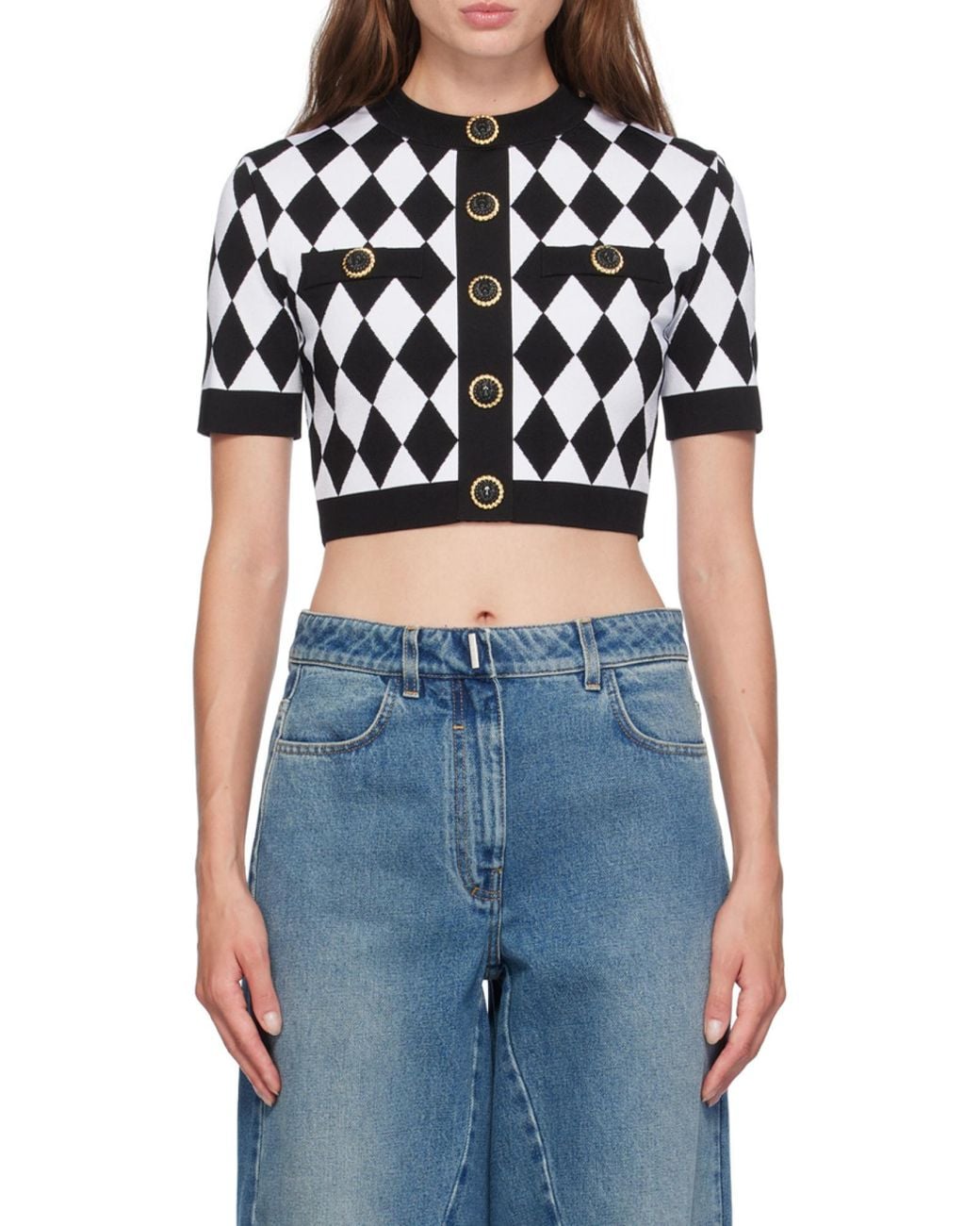 Balmain Black Buttoned Diamond Crop Top