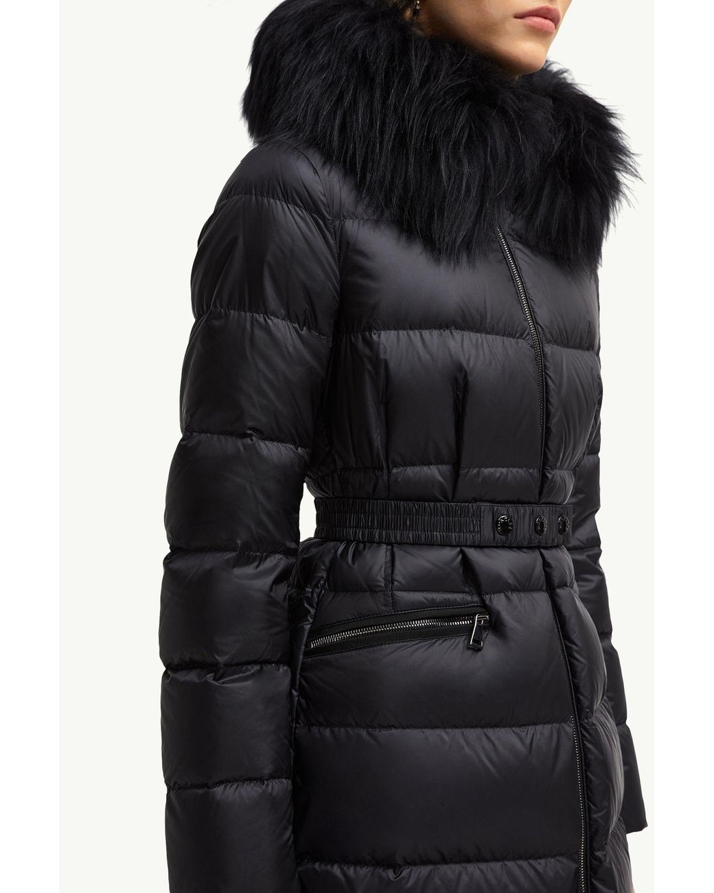 Moncler Black Boedic Hooded Shearling-Trimmed Long Down Jacket