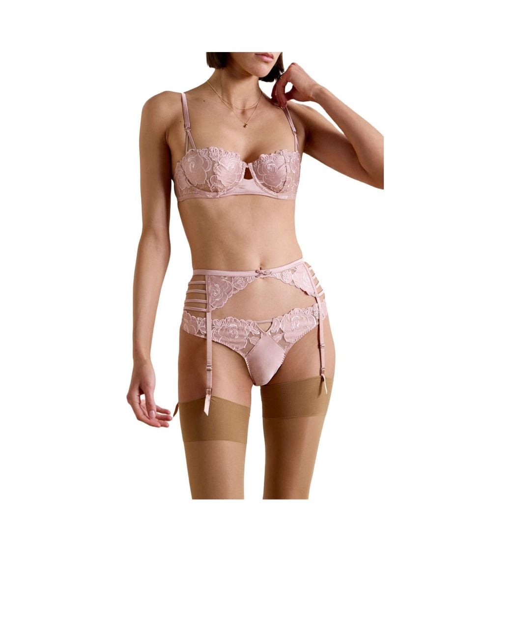 Fleur du Mal Pink Rose Cutout Silk-Blend Satin-Trimmed Embroidered Tulle Suspender Belt