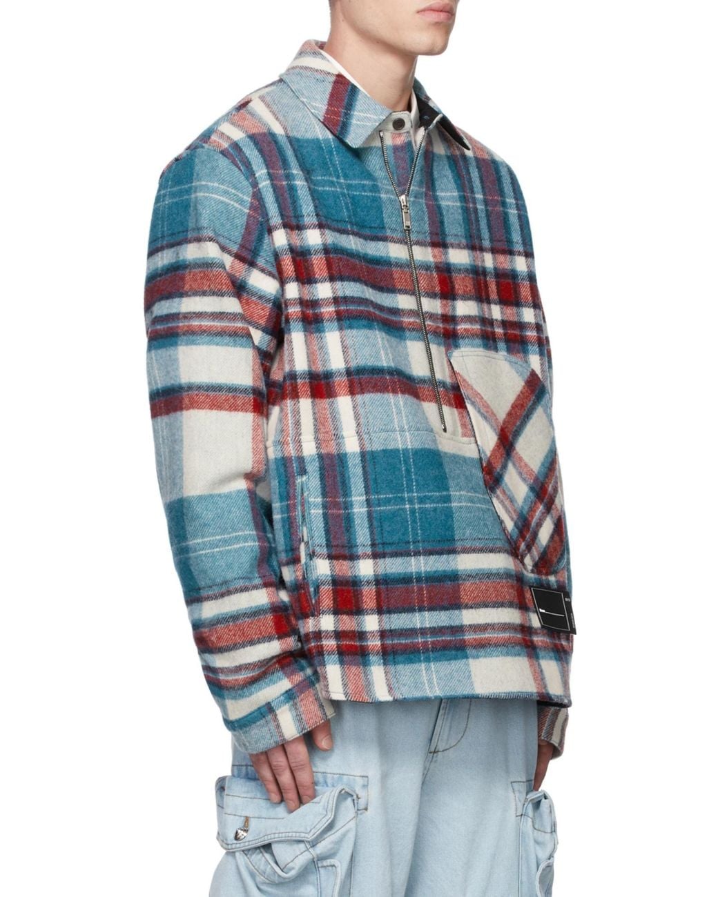 we11done Blue Front-Zip Checked Overshirt for men