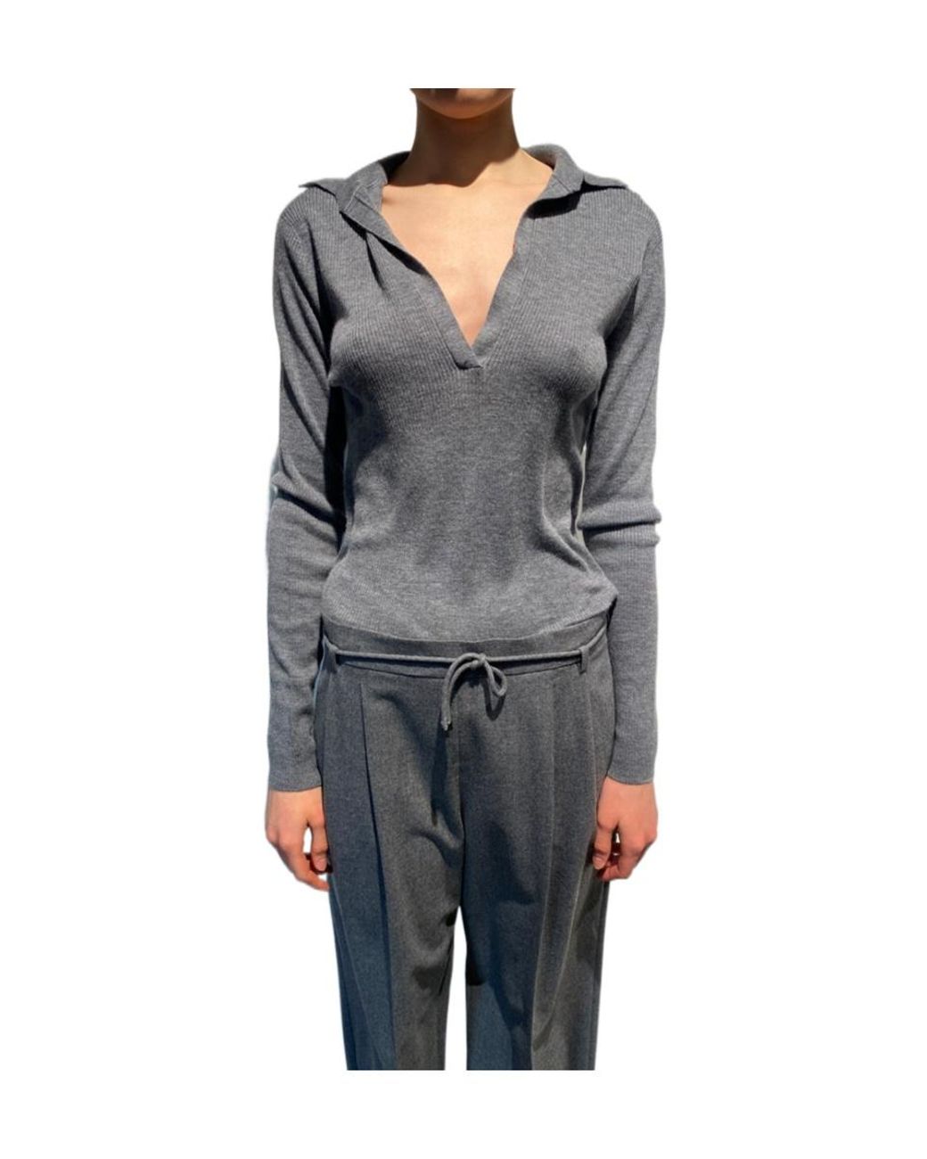 Max Mara Gray Mxmangel Long-Sleeved Ribbed Polo Jumper