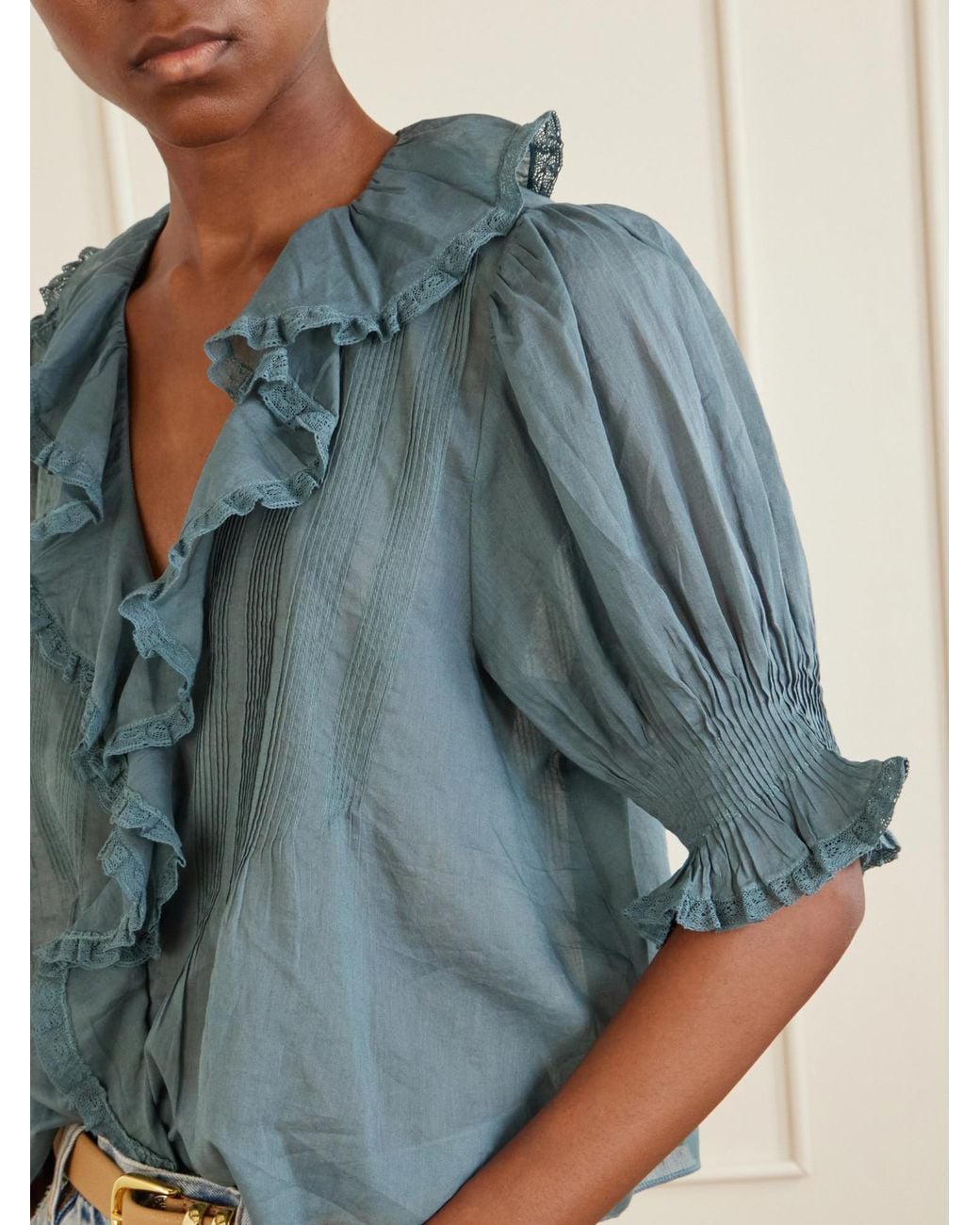Doen Blue Lace-Trimmed Organic Cotton Blouse