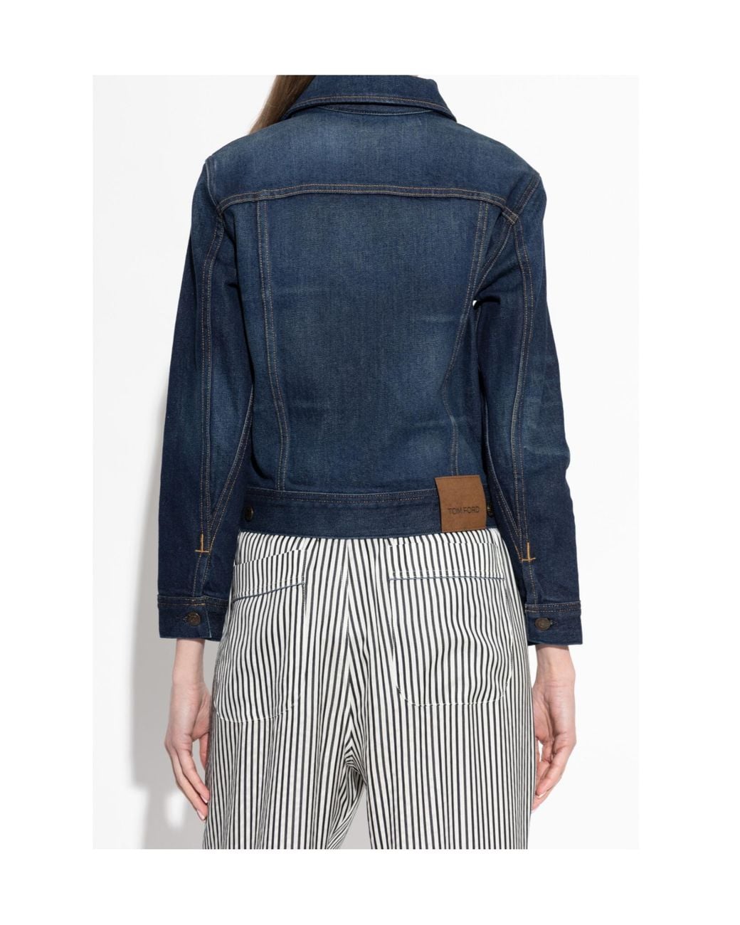Tom Ford Blue Cropped Contrast-Stitch Denim Jacket