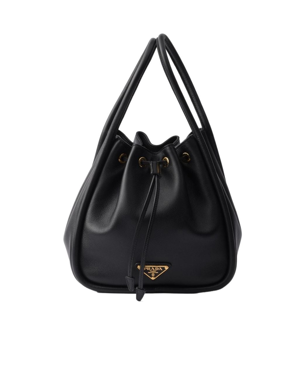 Prada Black Logo Plaque Drawstring Bucket Bag