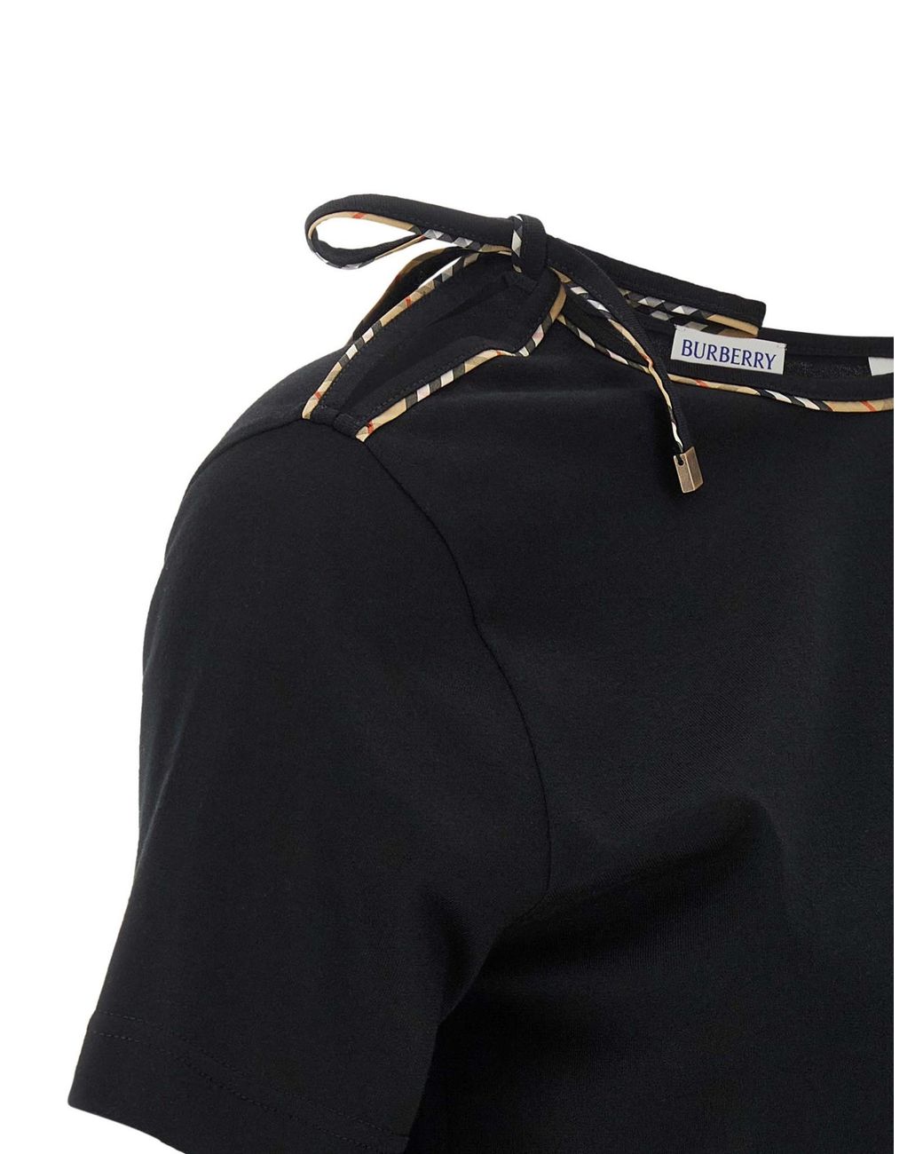 Burberry Black Checked-Trim Tied-Detail T-Shirt