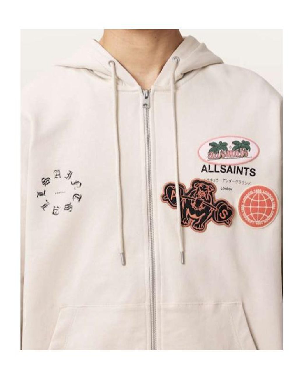 AllSaints Natural Patcher Zip Up Cotton Hoodie for men