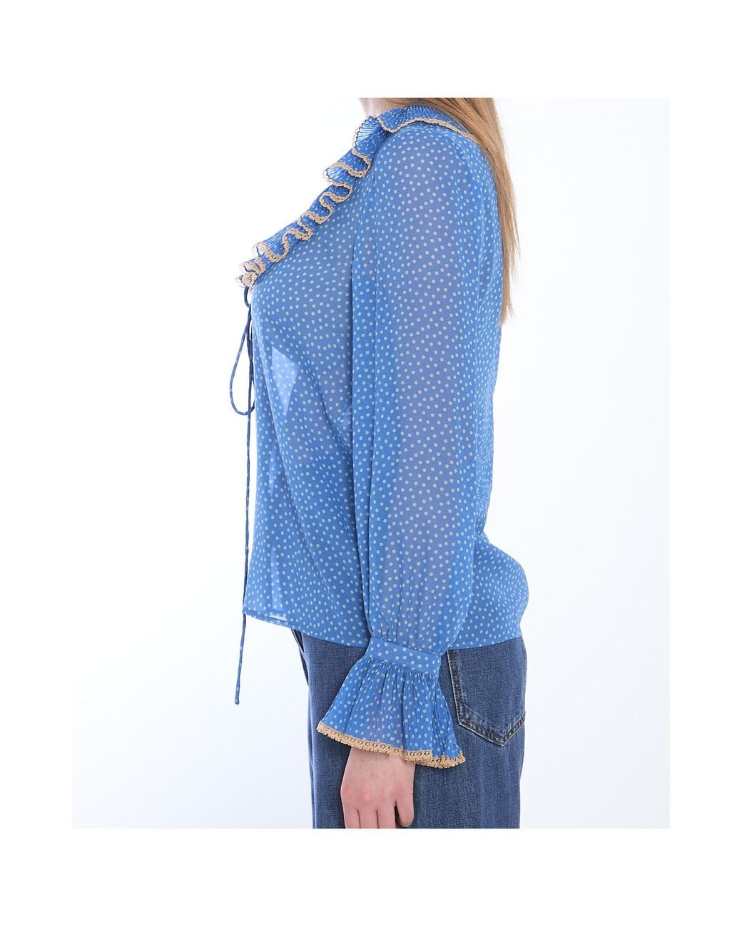 Valentino Blue Polka-Dot Printed Ruffled Blouse