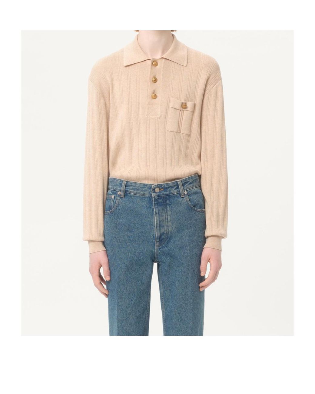 Valentino Natural Button Detailed Long-Sleeved Ribbed Polo Shirt for men