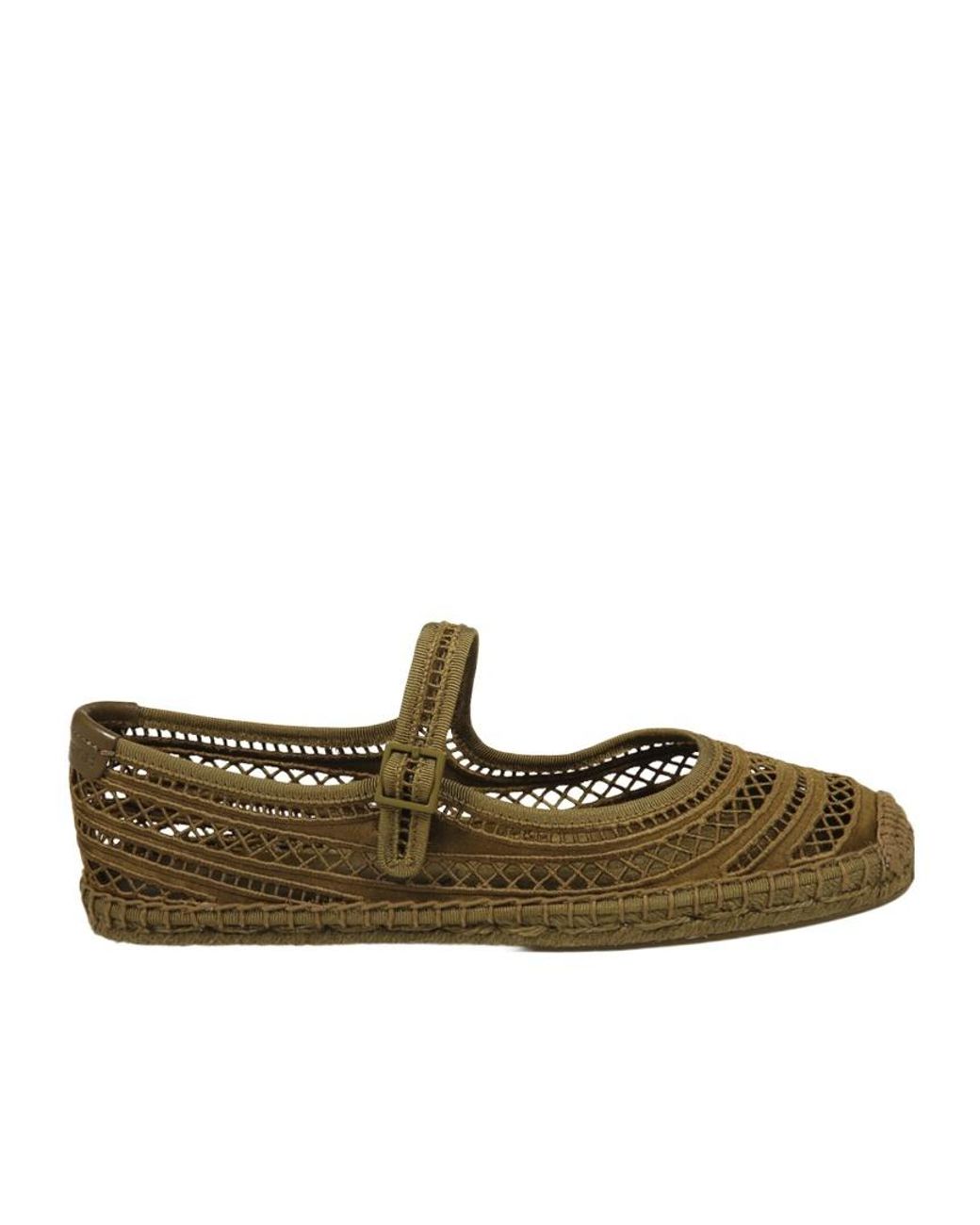 Tory Burch Green Perforated Cotton Mary Jane Espadrilles With Jute Midsole