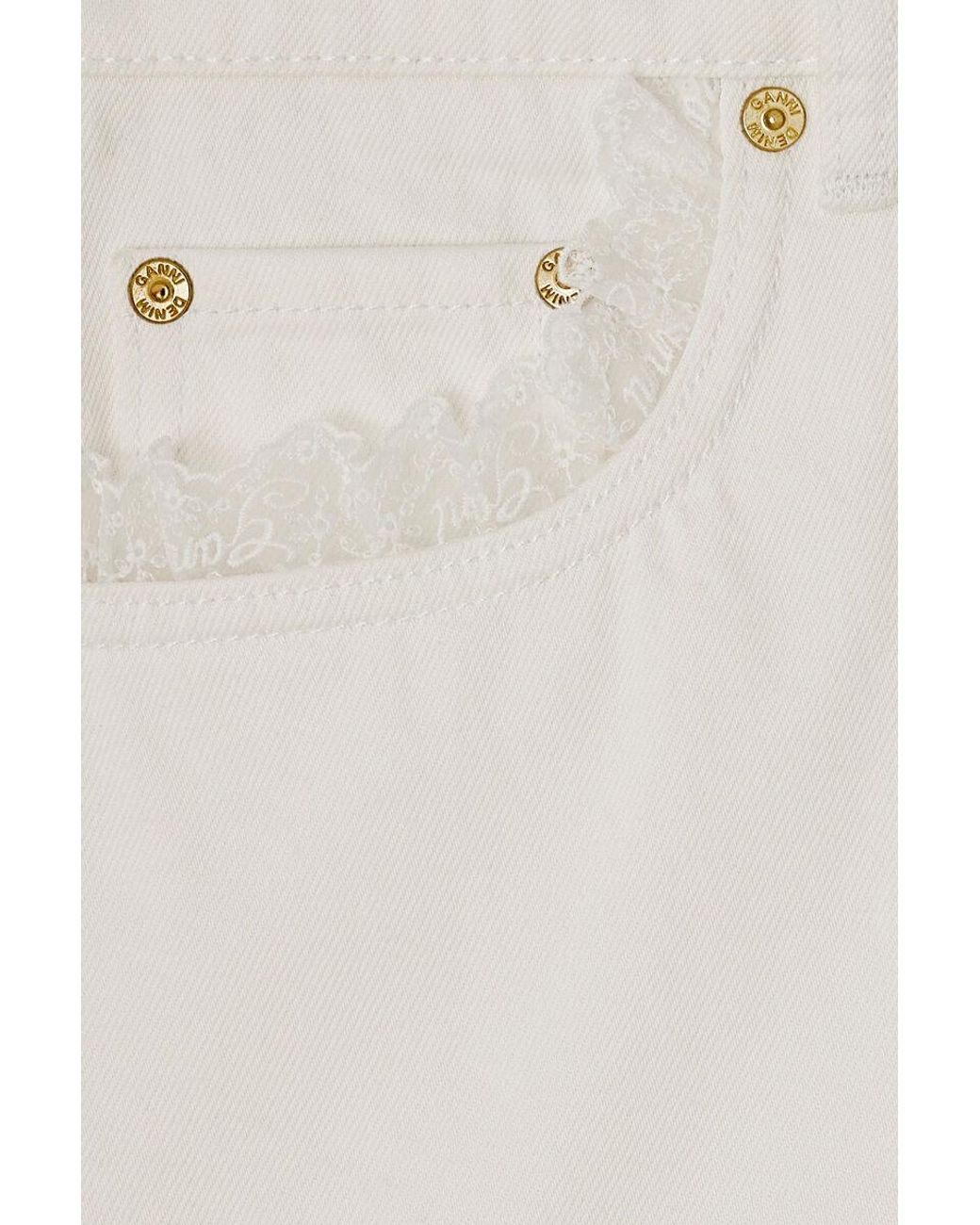 Ganni White High-Rise Lace-Trim Denim Shorts