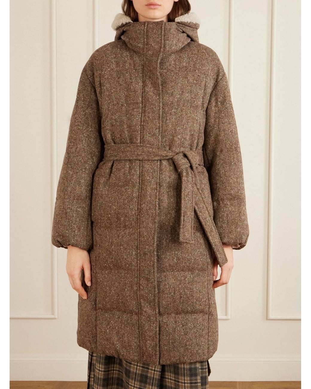 Brunello Cucinelli Brown Virgin Wool Donegal Down Coat With Shearling Inserts And Monili