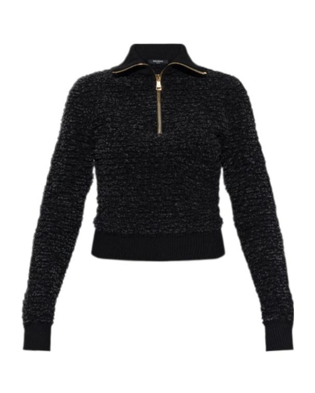 Balmain Black Bouclé-Knit Quarter-Zip Sweater