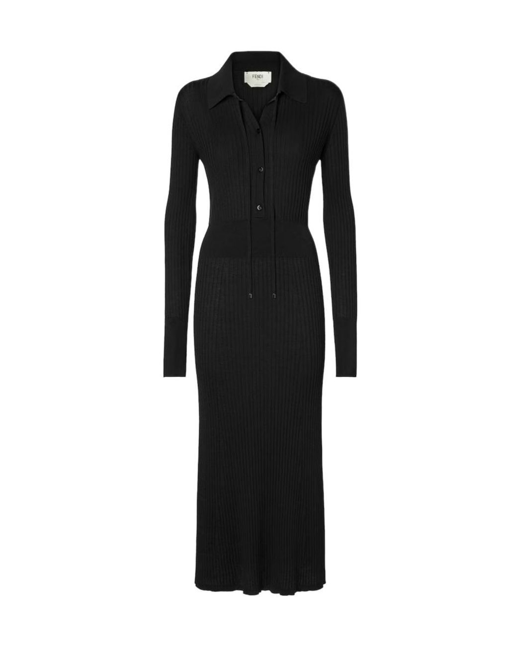 Fendi Black Ribbed-Knit Long Sleeved Drawstring Midi Dress