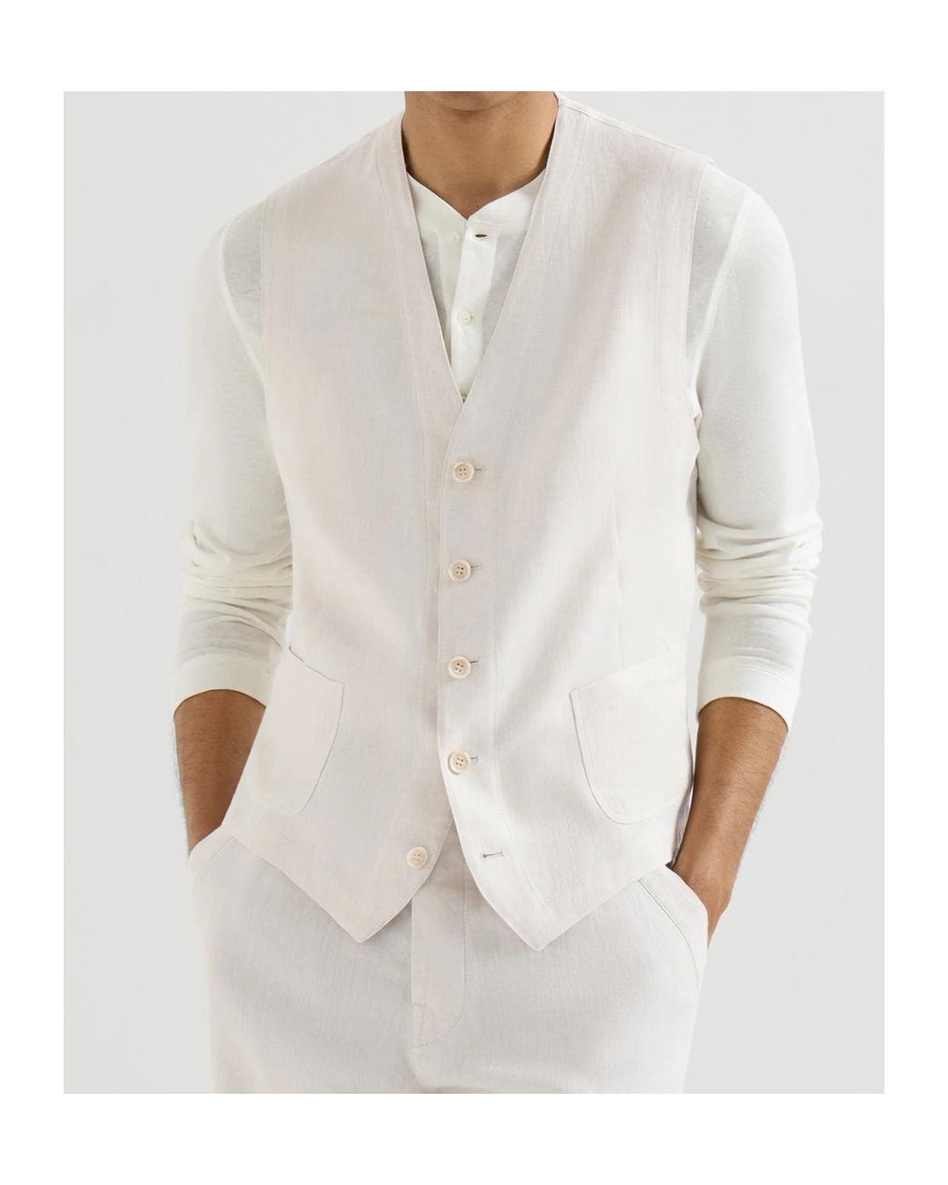 Brunello Cucinelli White Linen Micro Chevron Waistcoat for men