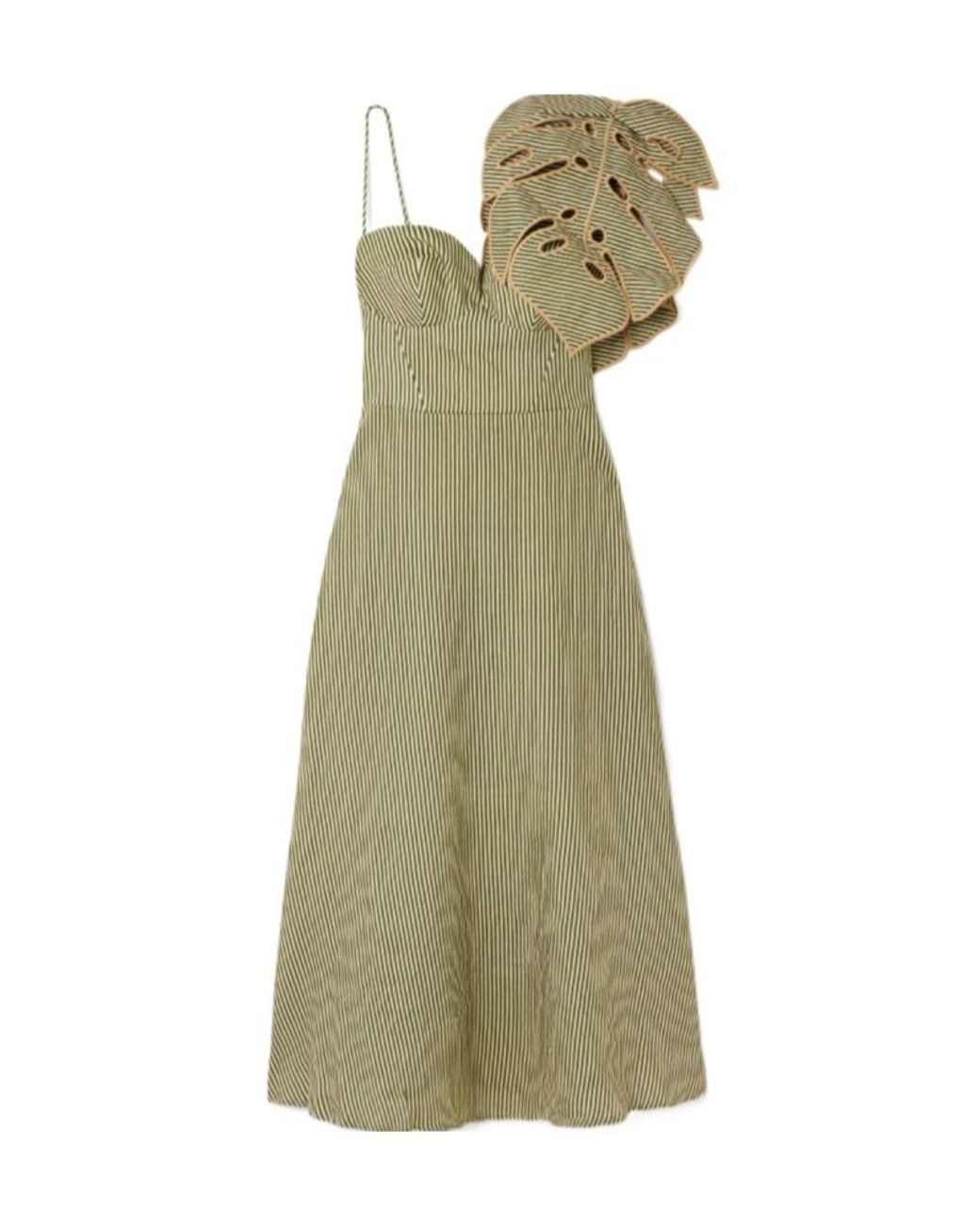 Farm Rio Green Striped Leaf-Detail Midi Dress