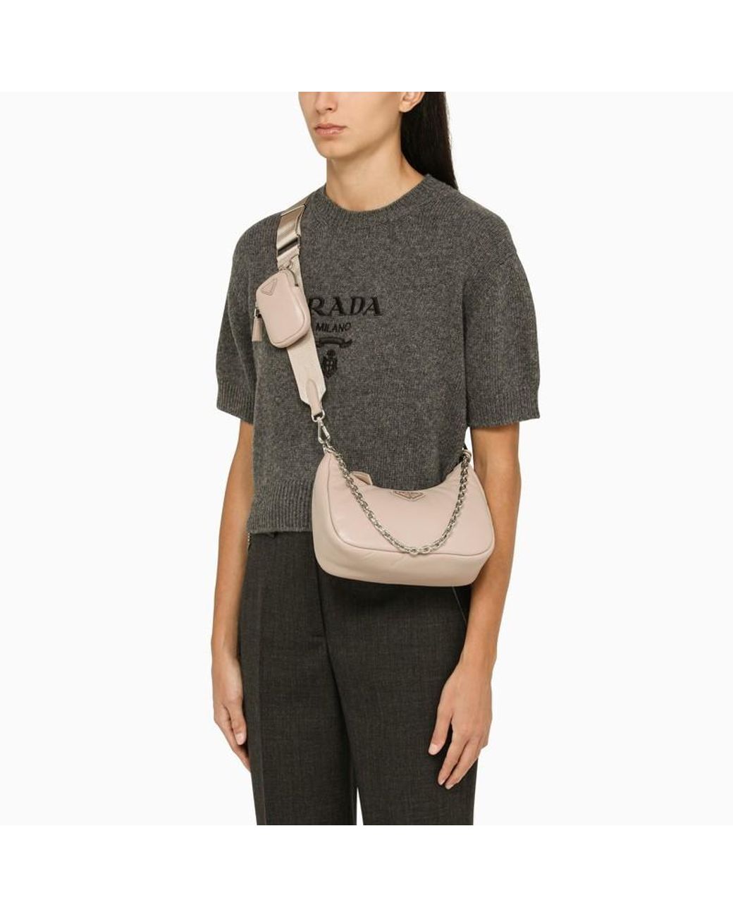Prada Natural Logo Plaque Chain-Linked Shoulder Bag