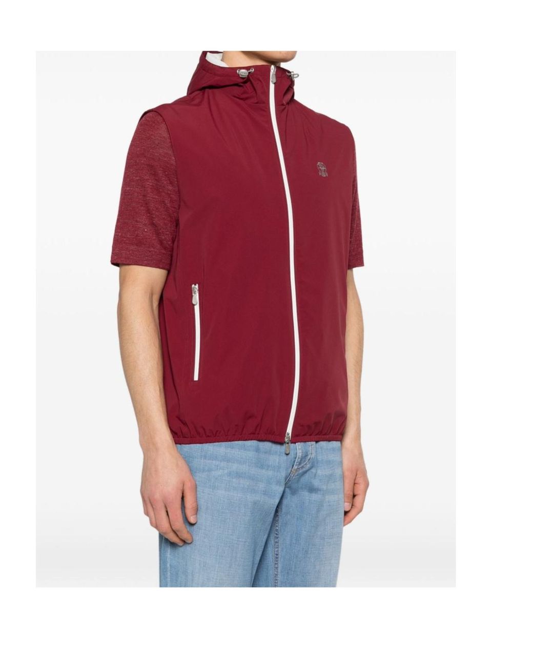 Brunello Cucinelli Red Bonded Nylon Hooded Vest With Logo for men
