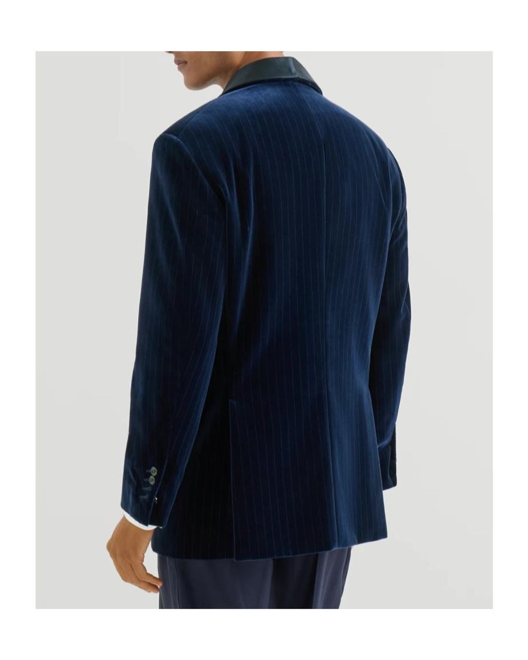 Brunello Cucinelli Blue Cotton Chalk Stripe Velvet Tuxedo Jacket With Shawl Lapels for men