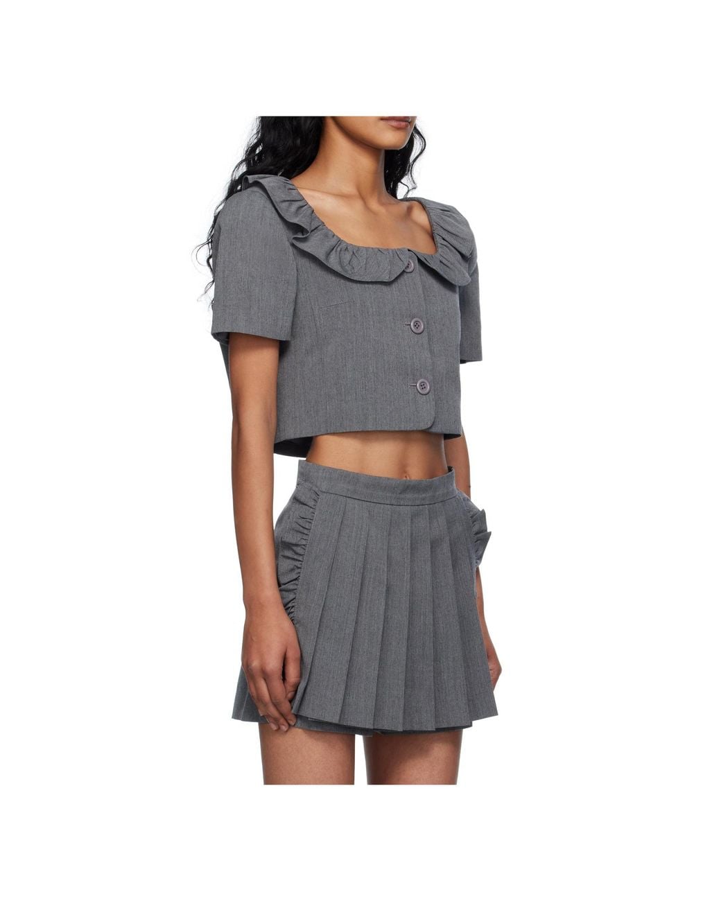 Pushbutton Gray Ruffled Collar Cropped Top