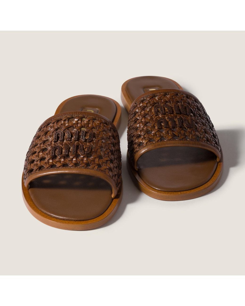 Miu Miu Brown Woven Leather Slides