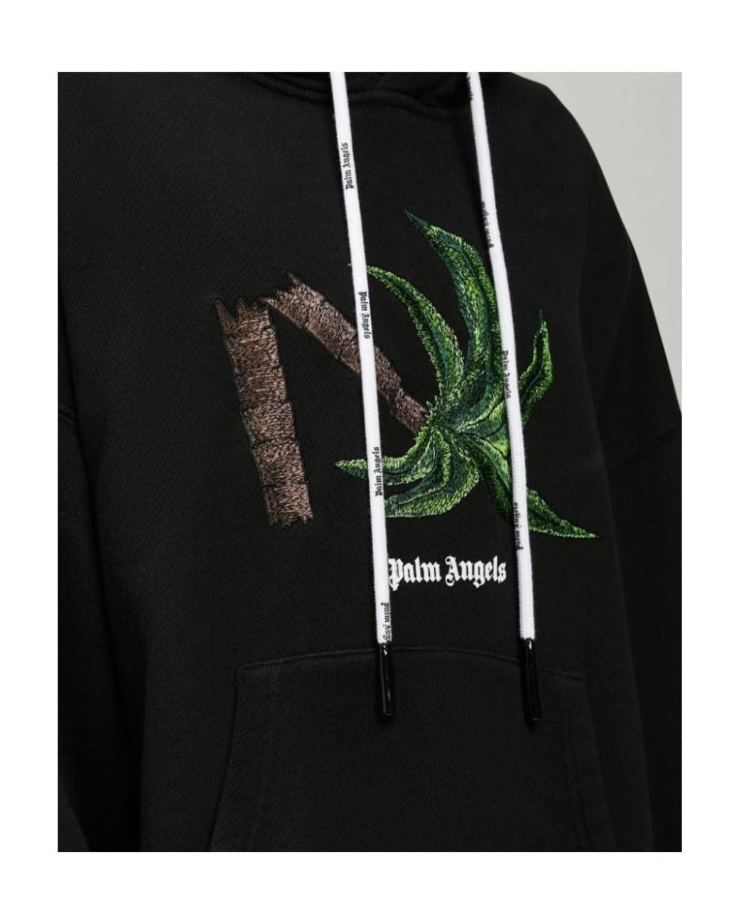 Palm Angels Black Broken Palm Embroidered Drawstring Hoodie for men