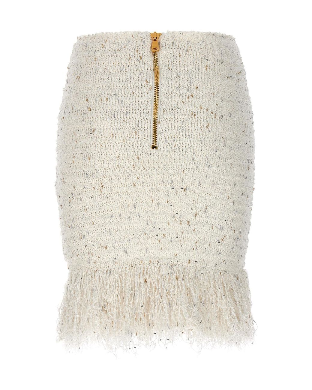 Balmain White Tweed Fringed Mini Skirt