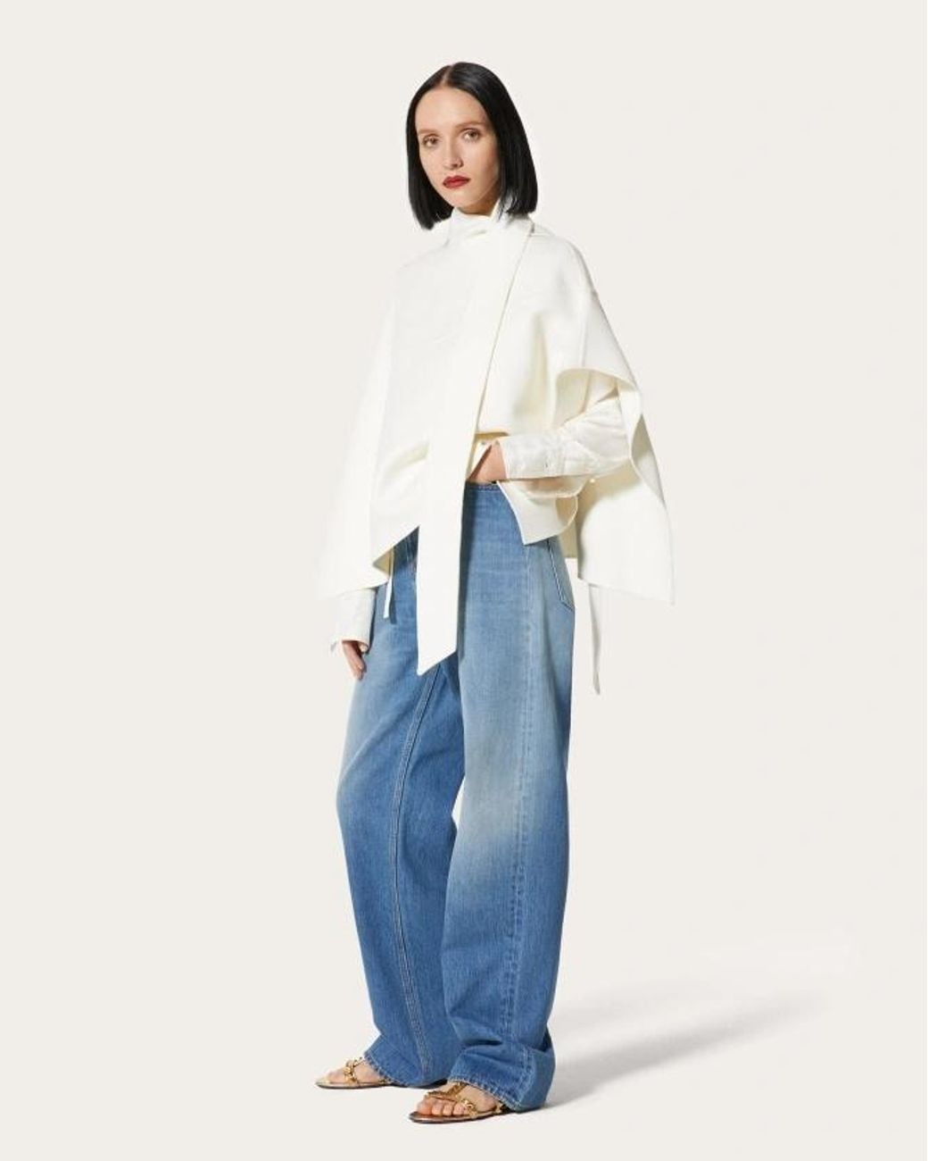 Valentino White Neck-Tie Cape Coat