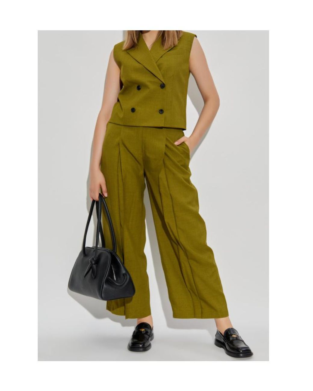 Theory Green Wide-Leg Cropped Creased Trousers