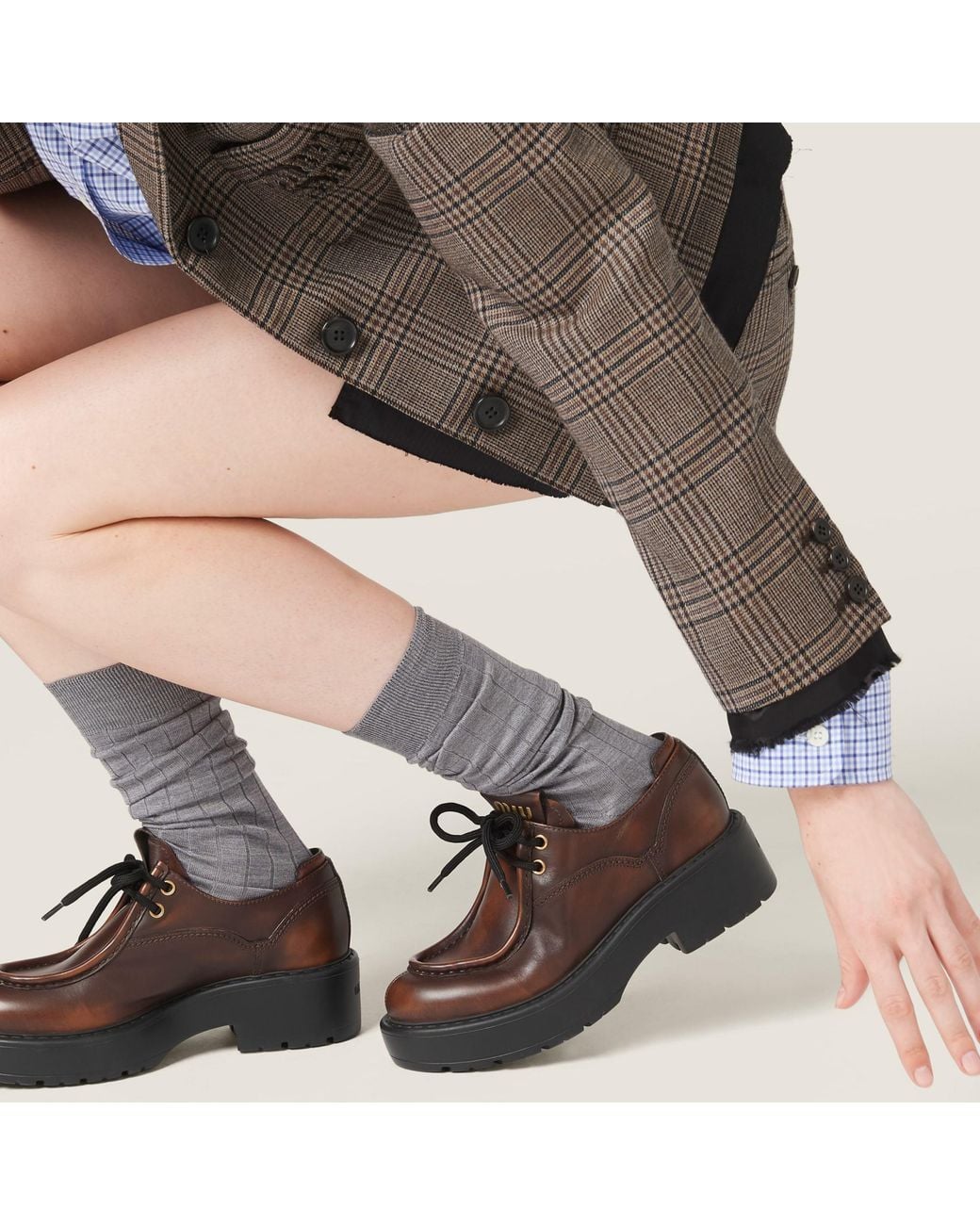 Miu Miu Brown Logo-Patch Round-Toe Loafers