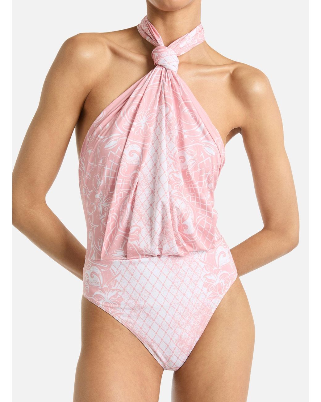 Balmain Pink Draped Halterneck Swimsuit
