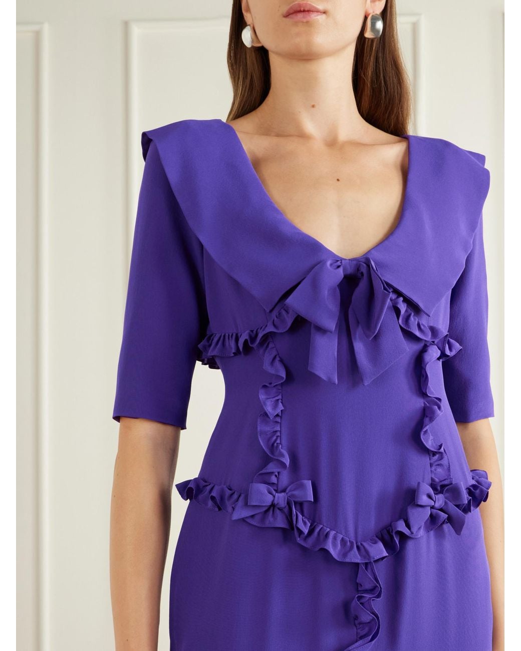 Alessandra Rich Purple Ruffled Silk-Crepe De Chine Midi Dress