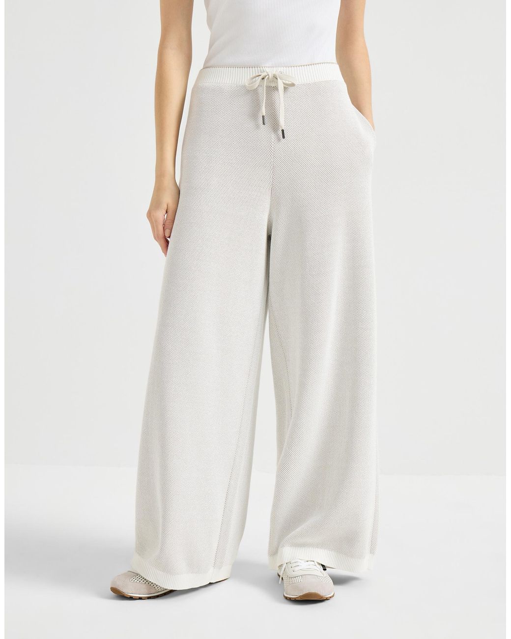 Brunello Cucinelli White Cotton Honeycomb Stitch Jacquard Knit Trousers