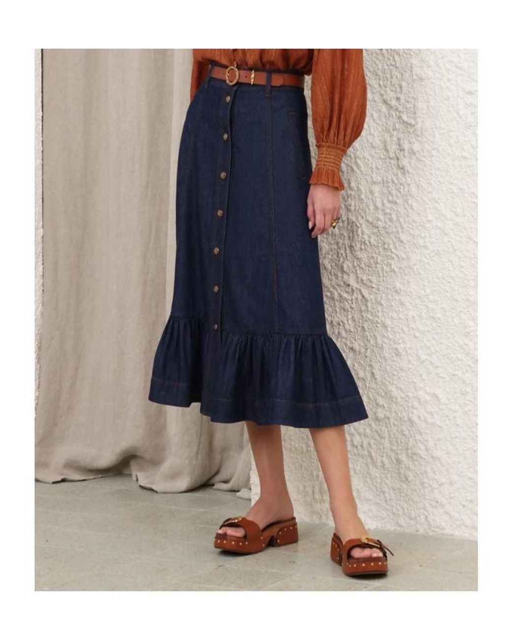 Zimmermann Blue Aster Denim Frill Midi Skirt