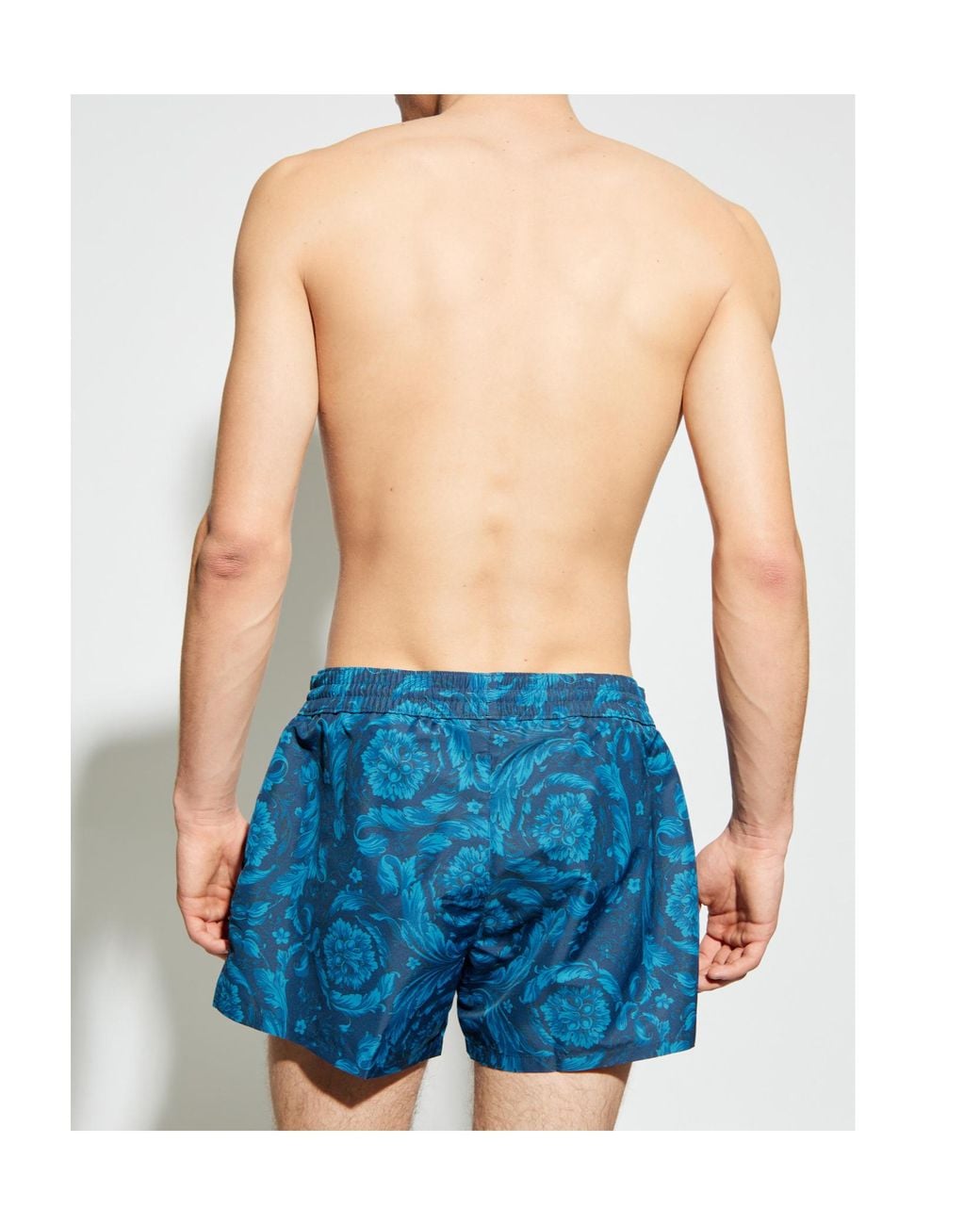 Versace Blue Floral-Motif Drawstring Swim Shorts for men