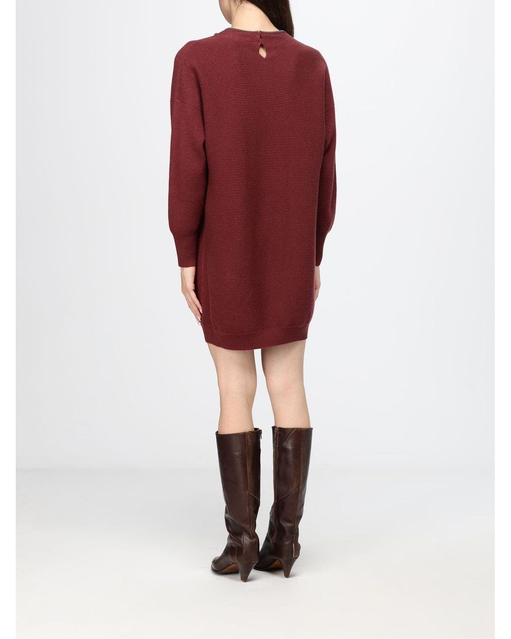 Brunello Cucinelli Red Ribbed-Knit Keyhole-Detail Dress