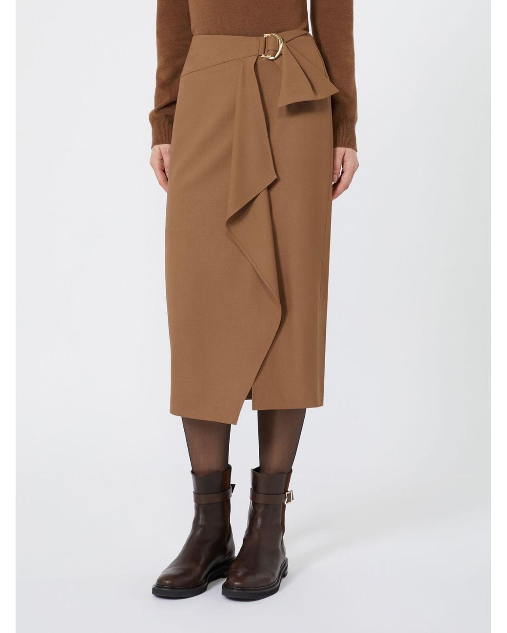 Max Mara Brown Ruffled Buckle-Fastening Midi Skirt