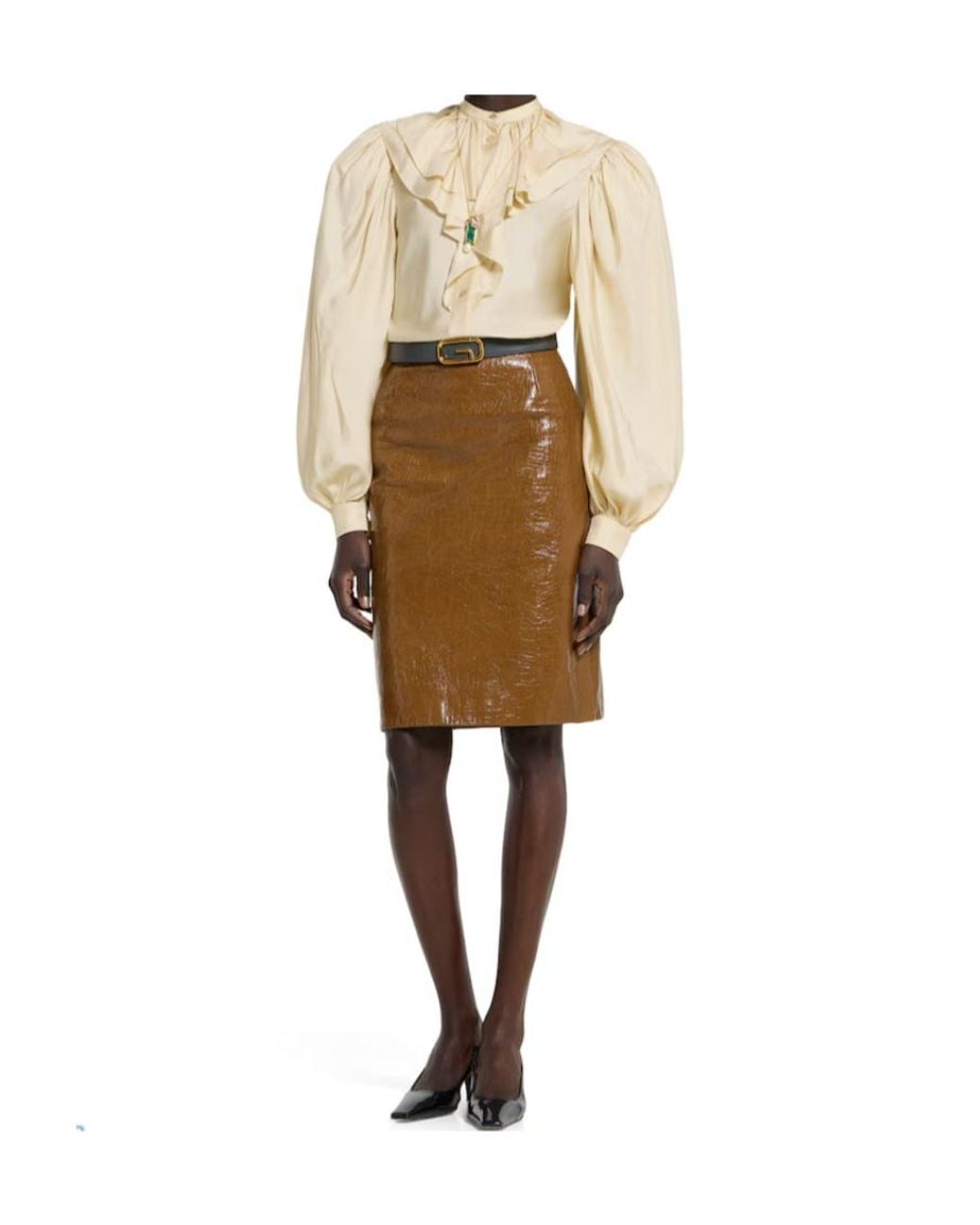 Gucci Brown Shiny Leather Midi Skirt