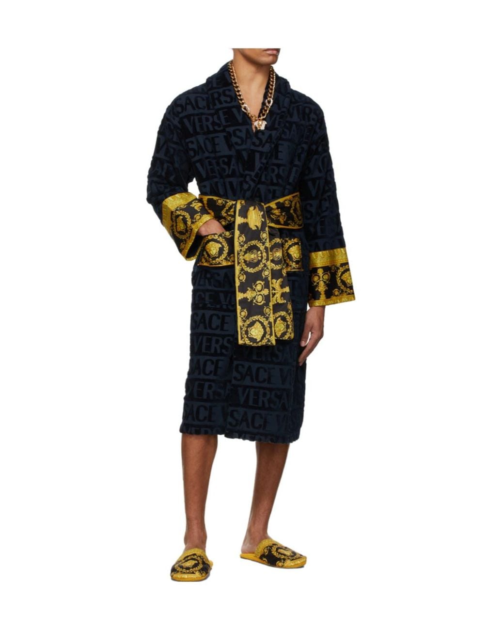 Versace Blue Barocco-Panel Logo Devoré Robe