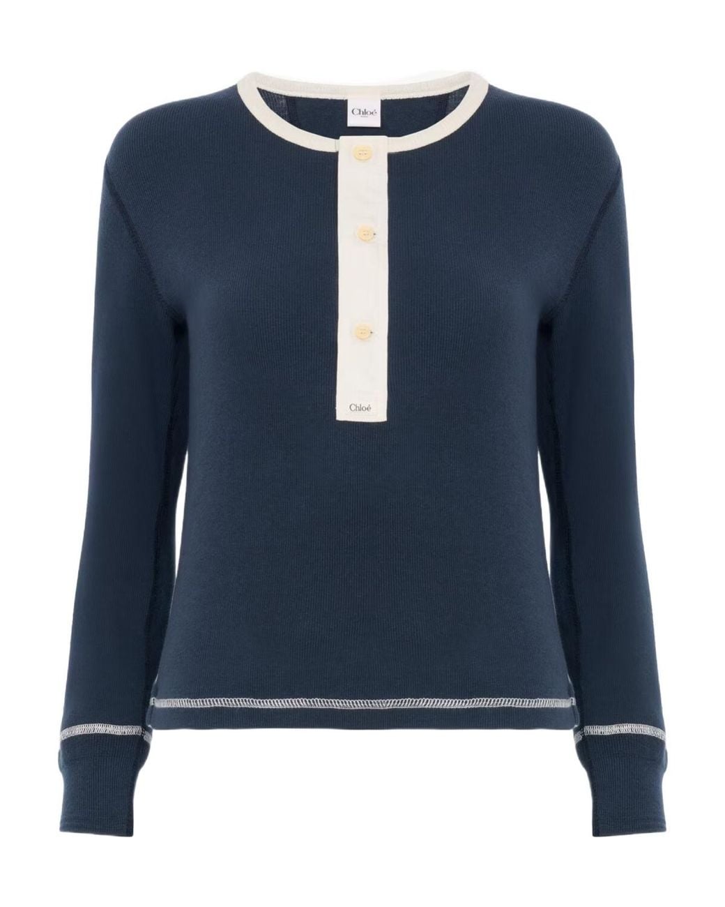Chloé Blue Chloé Contrast Trim Henley Knitted Sweater