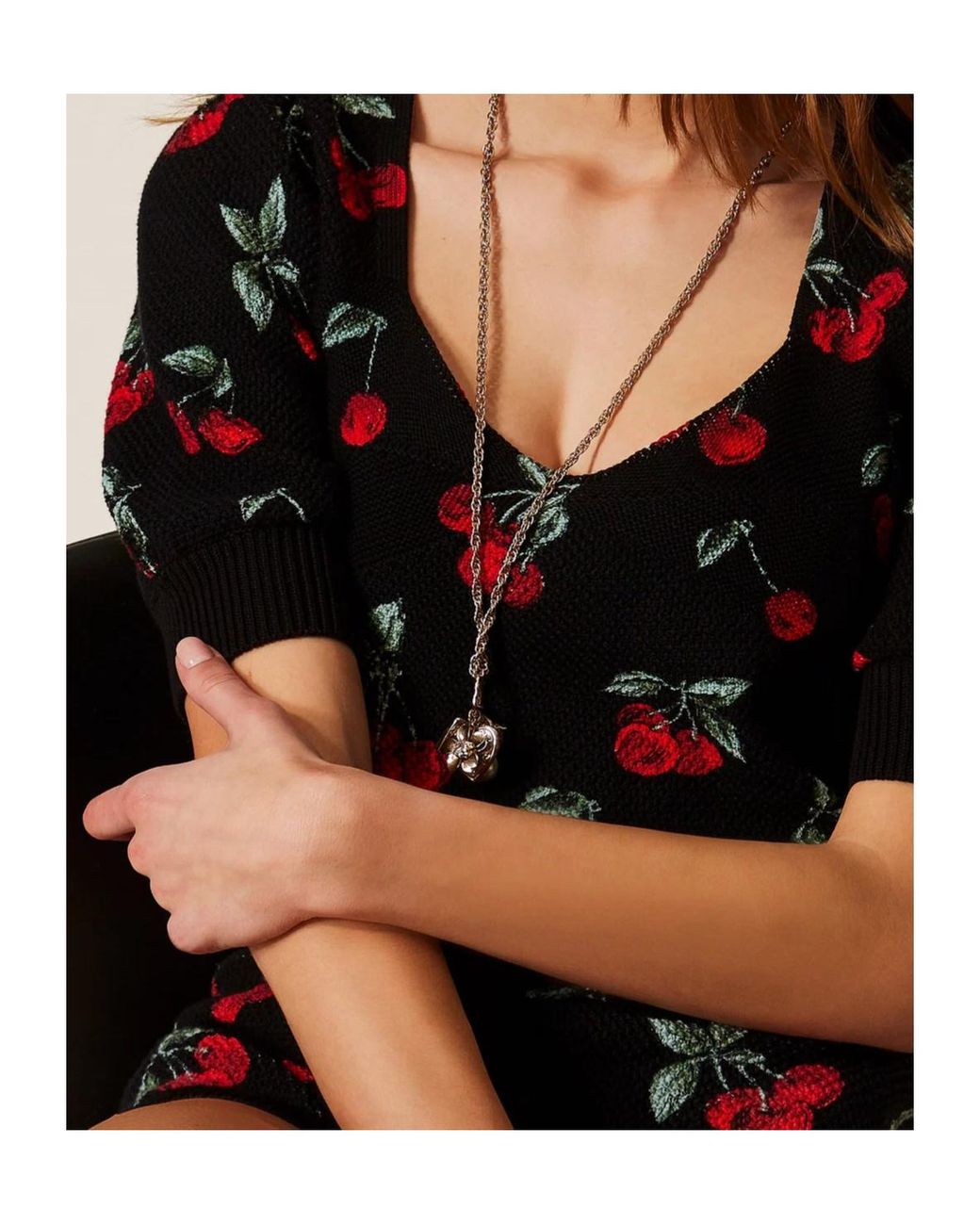 Twinset Blue Cherry-Print Short-Sleeve Knitted Top