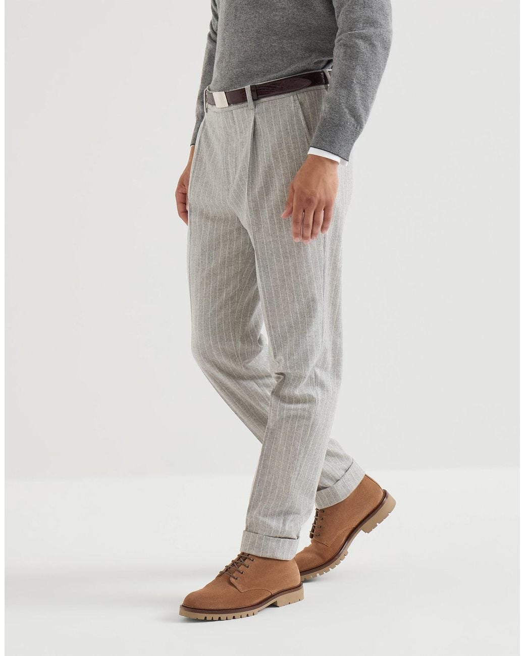 Brunello Cucinelli Gray Virgin Wool And Cashmere Chalk Stripe Flannel Trousers With Pleat for men