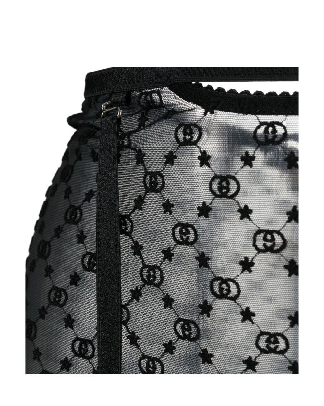 Gucci Black Gg Star Embroidered Tulle Lingerie Set